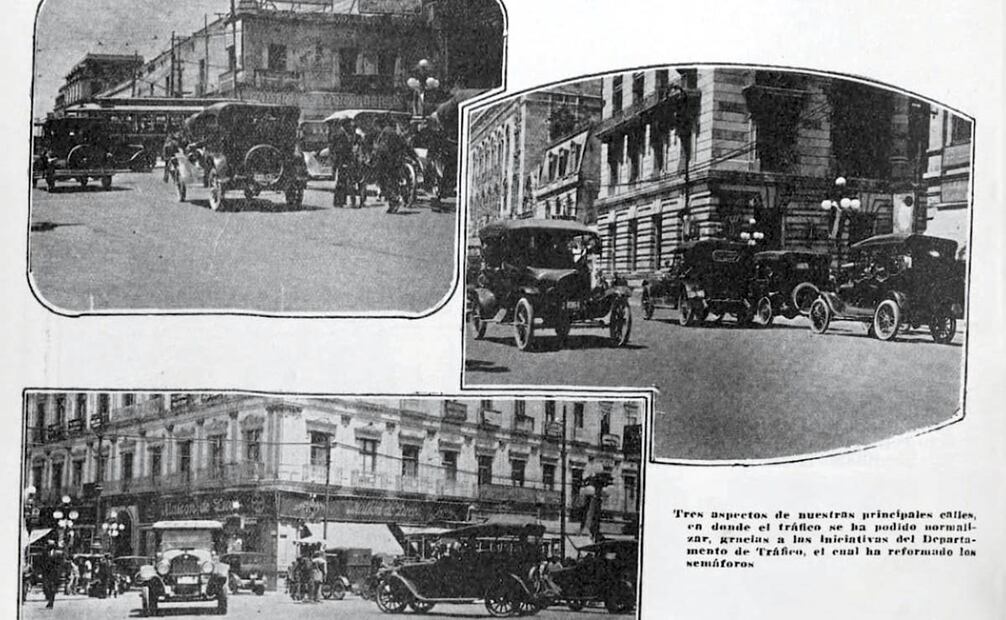 Vialidades de la capital mexicana en los años 20, apenas acostumbrándose a la creciente carga vehicular que llegó en la época postrevolucionaria. Foto: Hemeroteca EL UNIVERSAL.