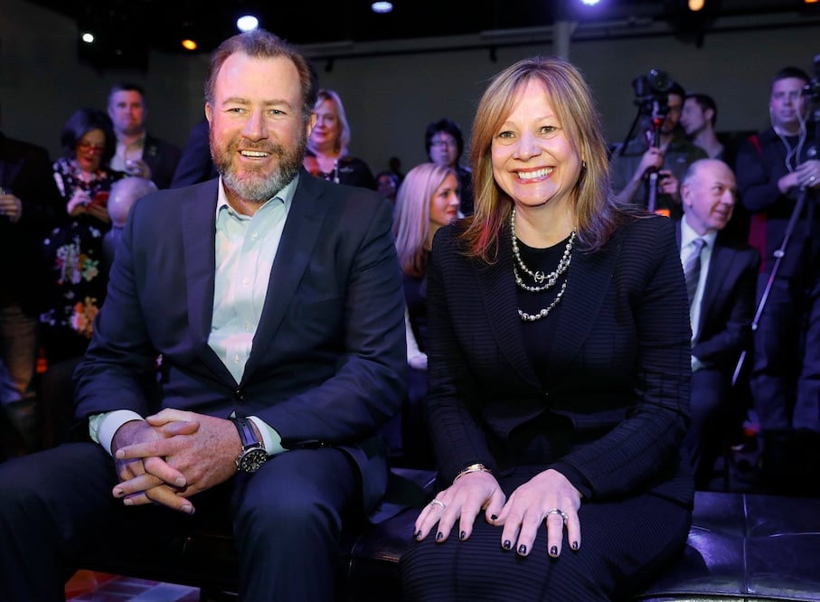 General Motors President Dan Ammann, left, and Chairman and CEO of General Motors Mary Barra smile before the debut of the 2018 GMC Terrain at the North American International Auto Show in Detroit, Sunday, Jan. 8, 2017. (AP Photo/Paul Sancya)