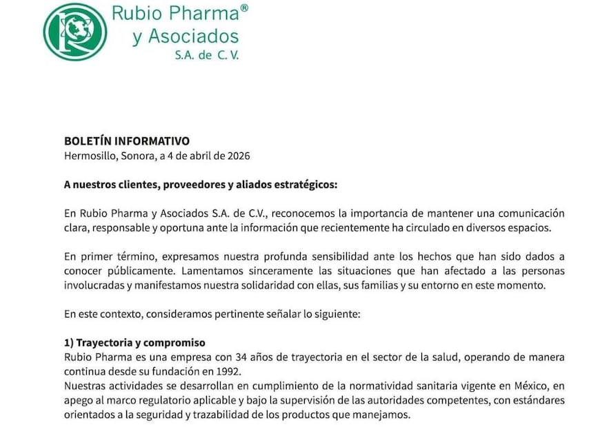 En medio de la controversia, la empresa Rubio Pharma y Asociados S.A. de C.V. emitió un comunicado en el que se deslindó de los hechos. Foto: Especial