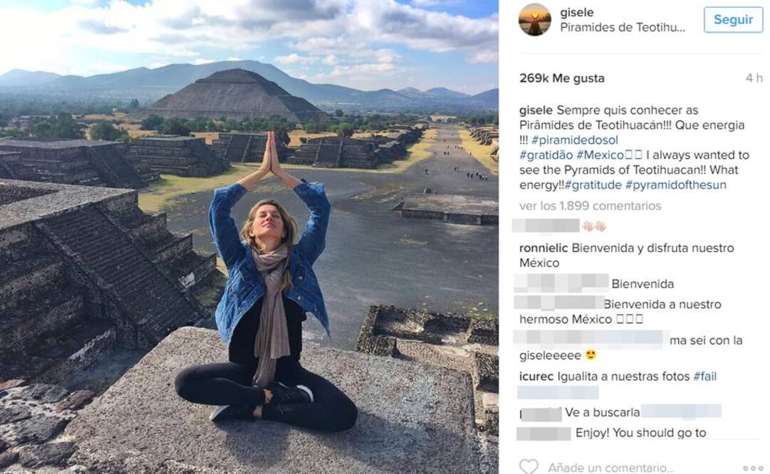 Gisele Bündchen aparece posando sobre la pirámide del sol con la Calzada de los Muertos de fondo (Tomada de Instagram)