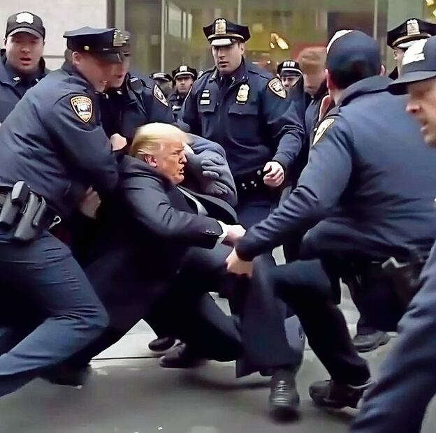 Fotografía hecha con inteligencia artificial de un falso arresto del exman- datario de Estados Unidos, Donald Trump. Foto: Especial