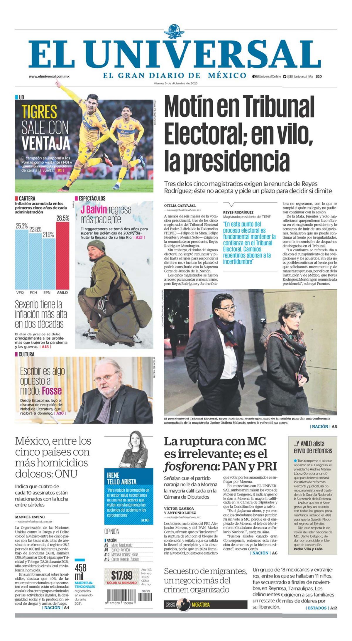 Portada impresa 8 de diciembre del  2023