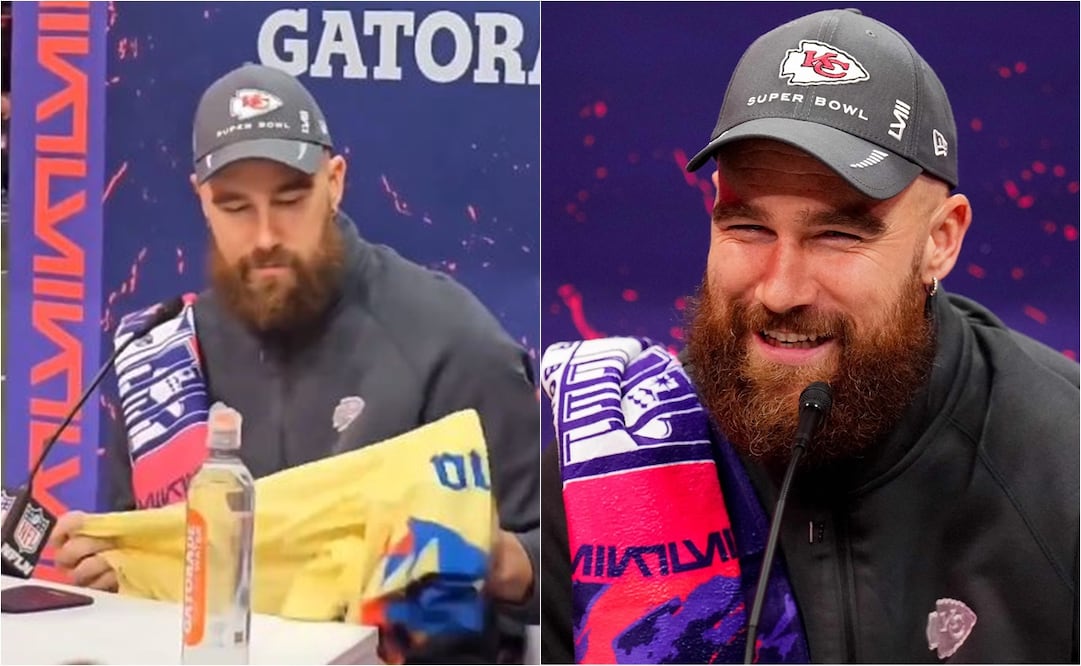 Travis Kelce en conferencia previo al Super Bowl firmó un jersey del América. FOTO: ESPECIAL