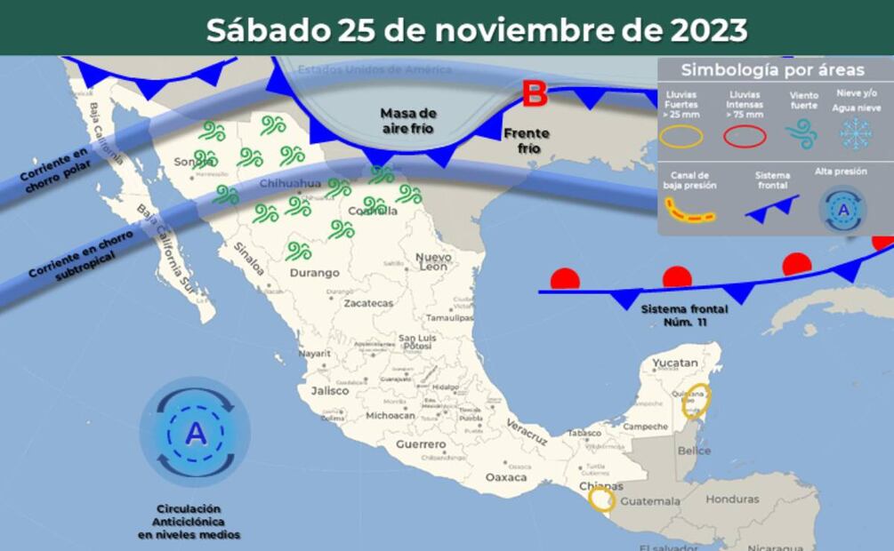 Sale del país frente frío 11 y entra el frente frío 12. Foto: SMN/El Universal
