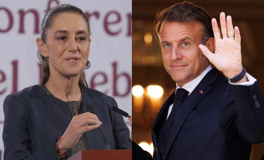 Claudia Sheinbaum, presidenta de México, durante la mañanera del 6 de noviembre del 2025 y su homólogo de Francia, Emmanuel Macron. Foto: Gabriel Pano/ EL UNIVERSAL y AP.