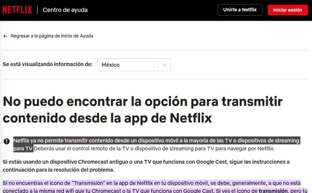Netflix elimina el botón para transmitir contenido del celular a la TV. Imagen: captura de pantalla