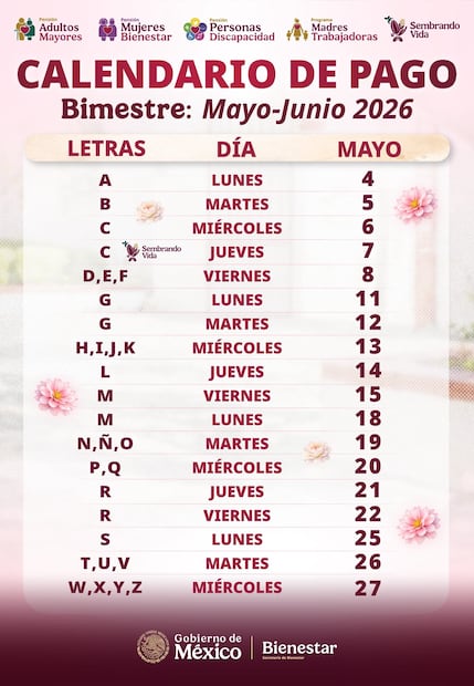 Calendario de pagos de las Pensiones del Bienestar para el bimestre mayo-junio de 2026. Foto: Secretaría del Bienestar