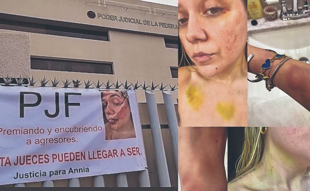 Mediante una lona colocada afuera del PJF, Annia muestra la cara de su agresor y su rostro con las huellas de la violencia que vivió cinco años. Fotos: especial