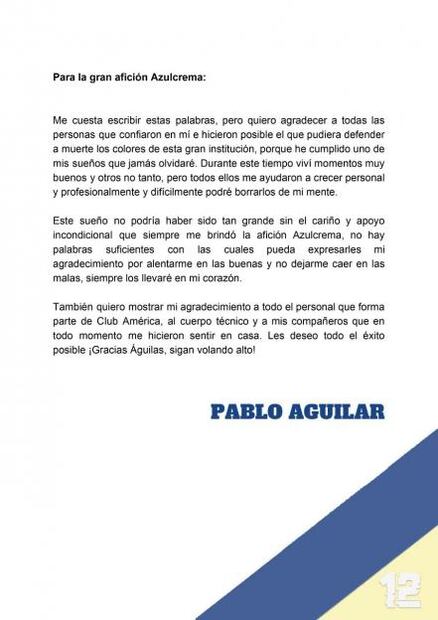 Pablo Aguilar manda carta a la afición americanista