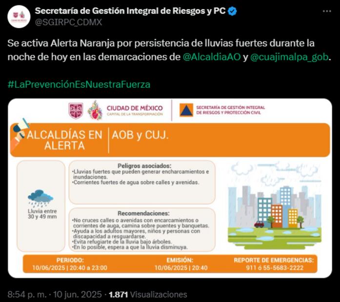 Activan alerta naranja en dos alcaldías por lluvias (10/06/2025). Foto: X @SGIRPC_CDMX