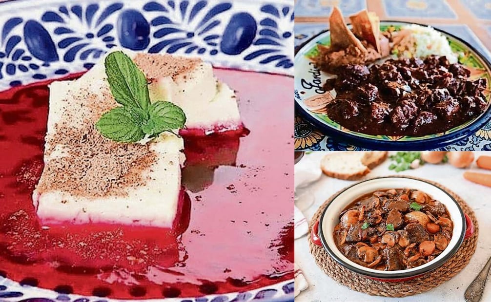 Nicuatole, postre ancestral oaxaqueño elaborado a partir de maíz criollo, piloncillo, grana cochinilla, canela y azúcar. Puede llevar tejocote, guayaba y hasta chocolate; Asado de boda, guisado tradicional de Zacatecas, es a base de carne de cerdo frita, bañada en adobo rojo y cocinado con especias, chocolate y pan; Boeuf Bourguignon, Platillo francés clásico, con cortes de ternera tiernos, vino tinto (Borgoña), tocino, hierbas aromáticas, champiñones y verduras. Foto: Especial