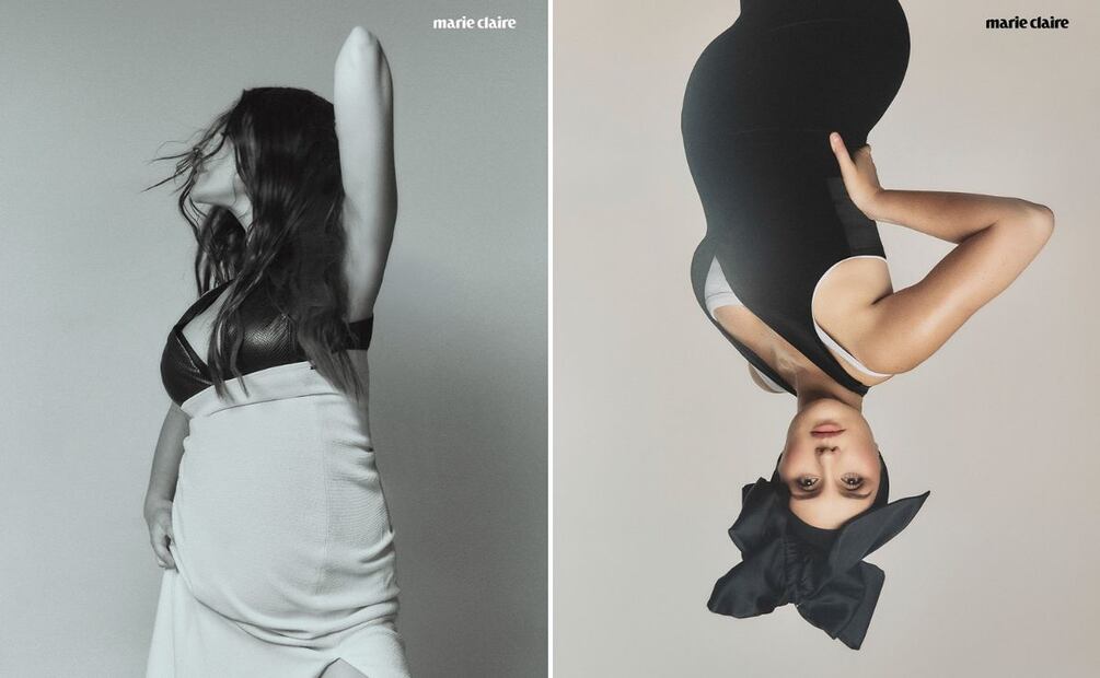 Los vestidos que luce la artista son de Armani Exchange y el tank top blanco (der.) de Levi's. Foto: Especial. Marie Claire México (Frances Rou)