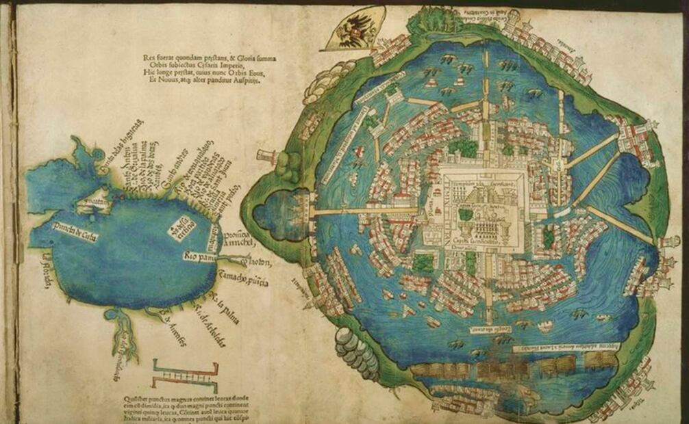 Mapa de Tenochtitlan, bajo el nombre de Temixtitan, y del Golfo de México, reproducido en 1524 en Nuremberg, del original que envió Hernán Cortés al rey de España, Carlos V. Tomado de: Biblioteca Newberry.
