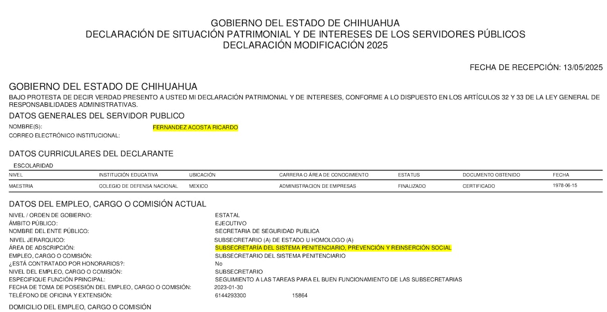 Declaración Patrimonial de Ricardo Fernández Acosta. Imagen: Captura de pantalla