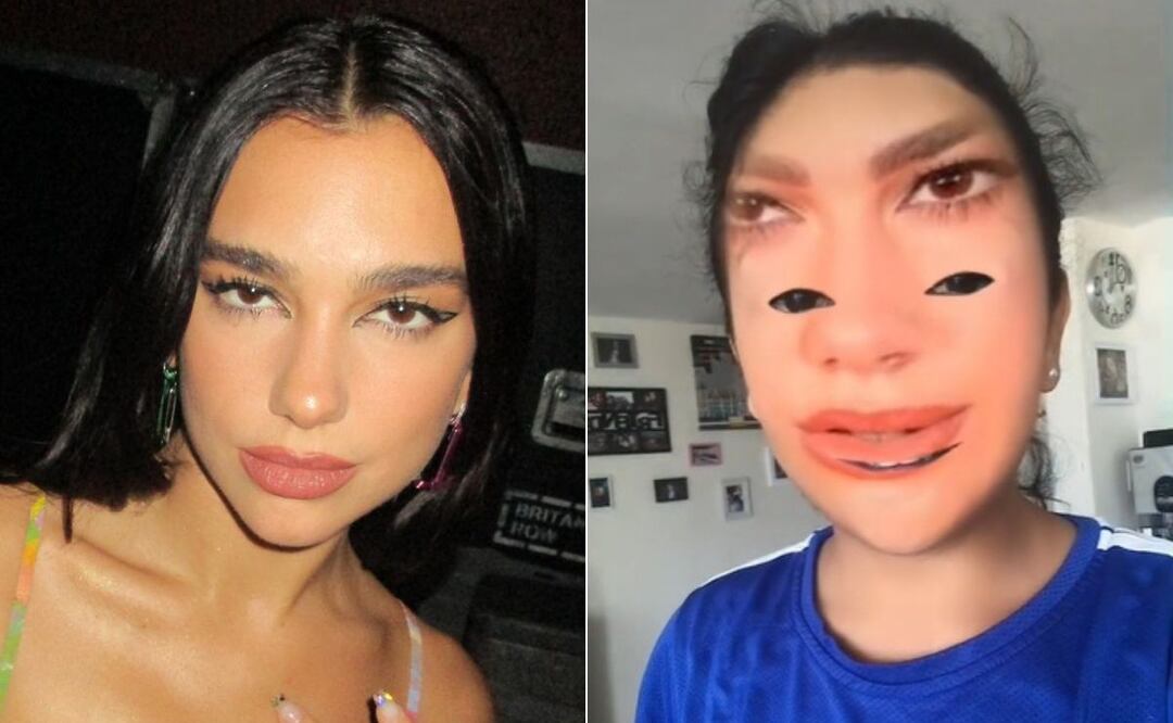 El resultado de un filtro de TikTok para parecerse a Dua Lipa no sale como se espera / Foto: Instagram @dualipa / TikTok @tanialvargas