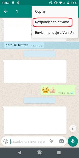 Cómo responder mensajes de un grupo de WhatsApp en privado