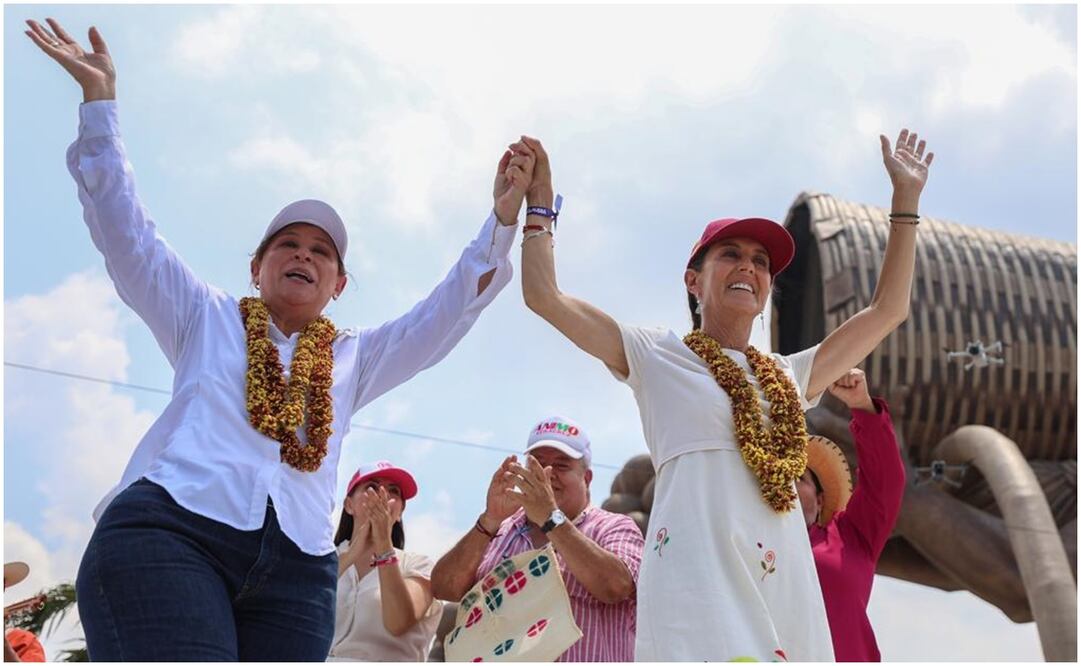 Claudia Sheinbaum y Rocío Nahle en Álamo Temapache, Veracruz. Foto: Diego Simón/EL UNIVERSAL
