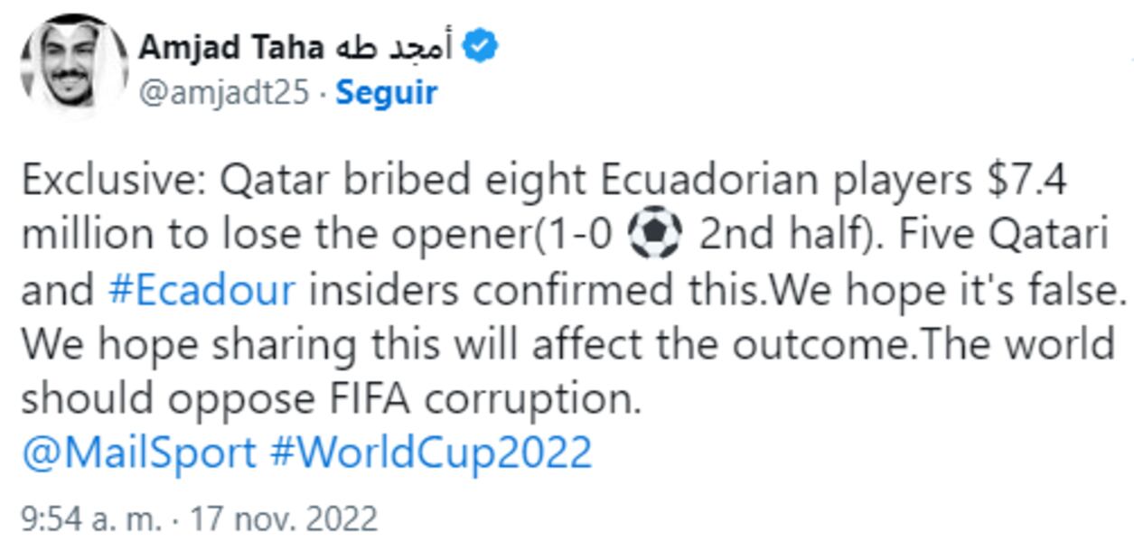 Acusan a Qatar de intentar realizar soborno a jugadores de Ecuador