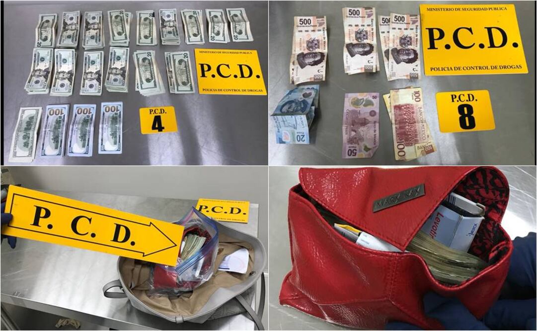 El cargamento de dólares y pesos de México iba en distintos equipajes decomisados a los seis mexicanos detenidos anoche en Costa Rica. (Ministerio de Seguridad Pública de Costa Rica)