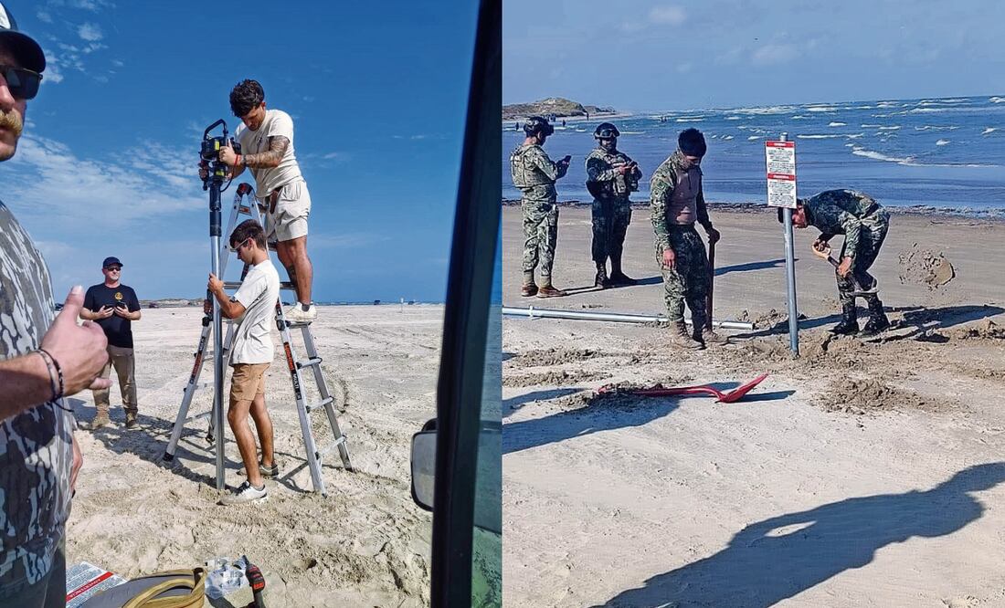 La mañana del pasado lunes, cuatro personas cruzaron el río Bravo desde Estados Unidos para colocar seis letreros en Tamaulipas, mismos que retiró la Marina. Fotos: Especial