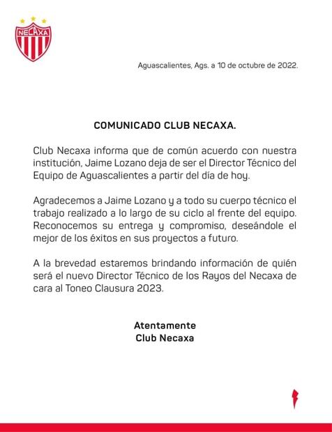 Jaime Lozano deja de ser entrenador del Necaxa
