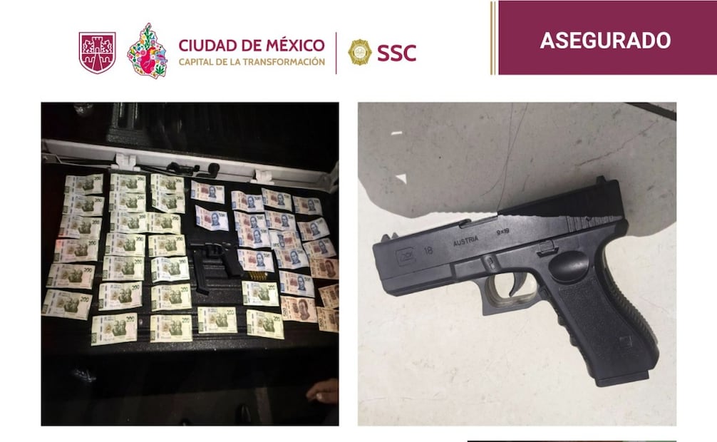 Los sospechosos subieron a un coche e intentaron escapar pero se estrellaron contra una unidad del transporte público; tras una revisión, les aseguraron una réplica de arma de fuego y un cargador abastecido (31/01/26). Foto: Especial