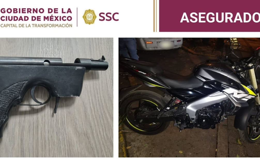 Policías realizaron el aseguramiento de droga, arma de fuego y motocicleta sin placas. Foto: Especial