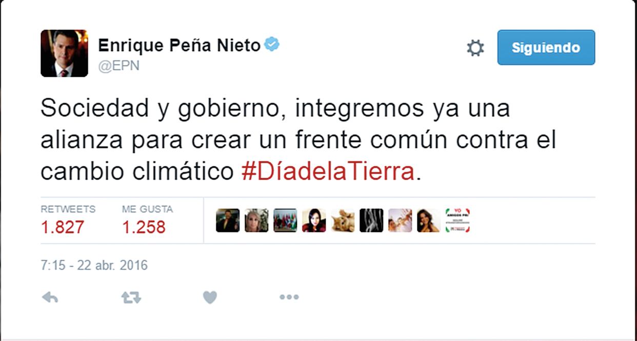 A través de su cuenta de Twitter, el presidente Enrique Peña Nieto llamó a trabajar unidos para proteger al planeta (TWITTER)