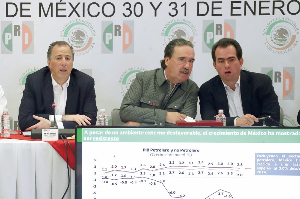 El secretario de Hacienda, José Antonio Meade; el coordinador parlamentario del PRI en el Senado, Emilio Gamboa Patrón, y el legislador José Francisco Yunes Zorrilla, durante la reunión plenaria del tricolor. (BERENICE FREGOSO. EL UNIVERSAL)