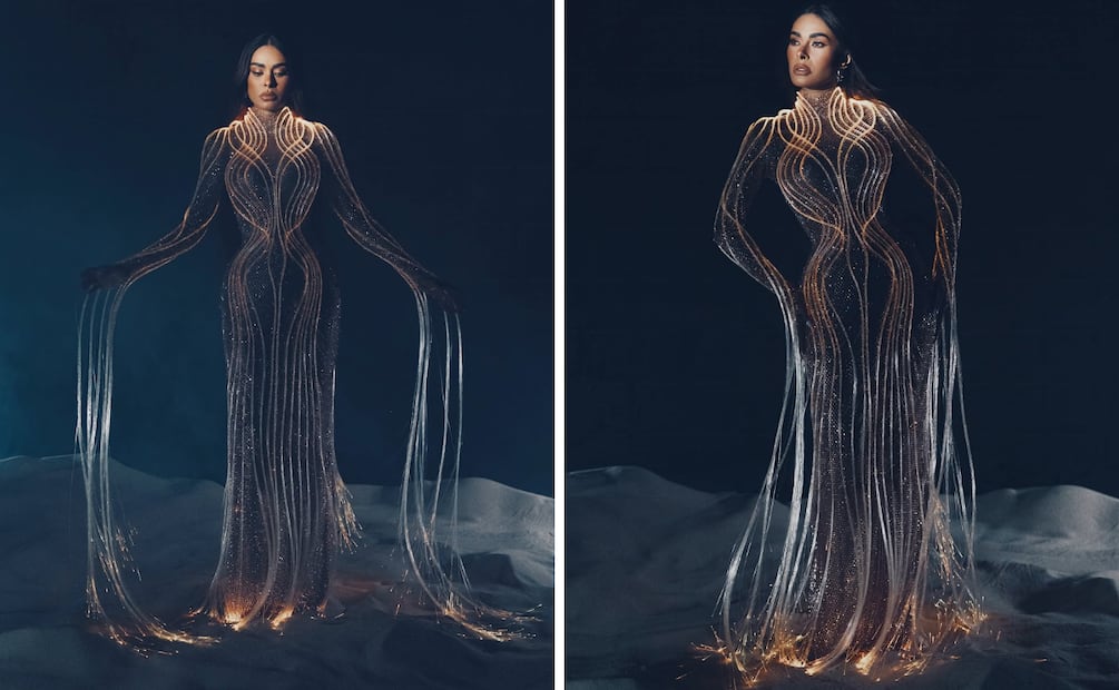 Vestido que mezcló cristales y filamentos LED. Foto: Instagram @galileamontijo
