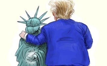 Publican polémica ilustración en la que la Estatua de la Libertad pide ayuda disimuladamente y tiene a Trump al lado