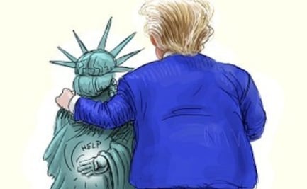Publican polémica ilustración en la que la Estatua de la Libertad pide ayuda disimuladamente y tiene a Trump al lado