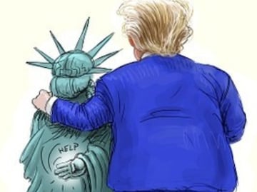 Publican polémica ilustración en la que la Estatua de la Libertad pide ayuda disimuladamente y tiene a Trump al lado