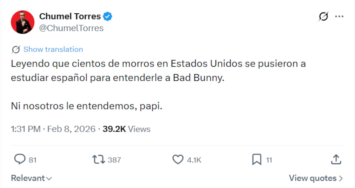 El comunicador mexicano Chumel Torres se pronunció en redes sociales sobre el fenómeno cultural y social que ha influenciado Bad Bunny. Foto: Captura de pantalla