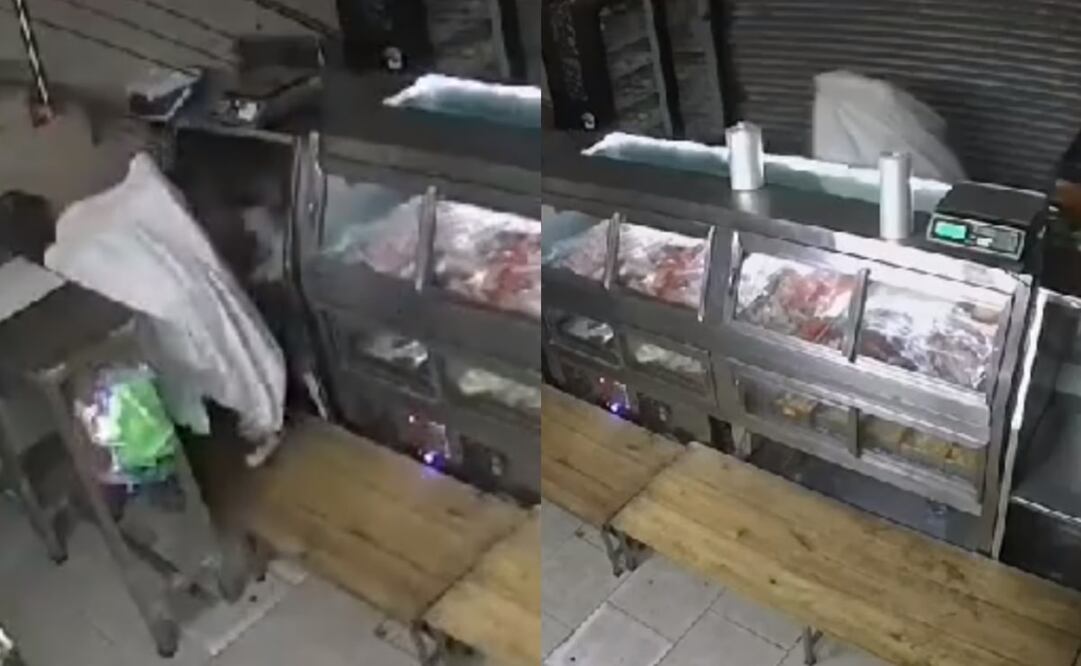 El hombre busca algo en torno del refrigerador de carne, y brinca la vitrina mientras sostiene una especie de sábana blanca en las manos. Foto: Captura de pantalla