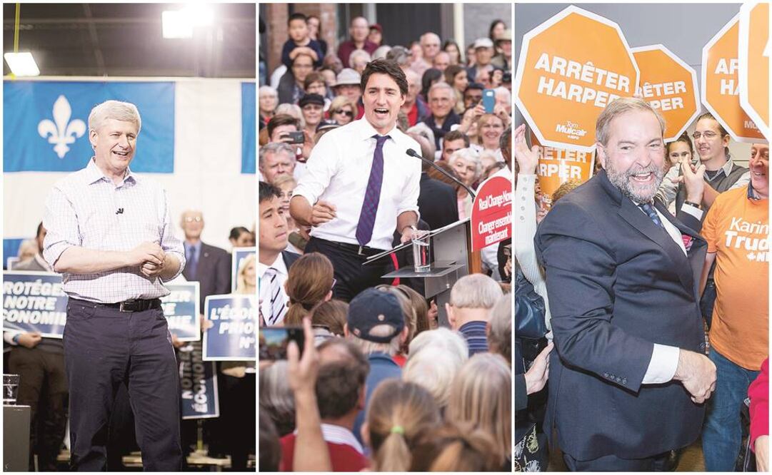 Stephen Harper, del Partido Conservador; Justin Trudeau, del Partido Liberal; Thomas Mulcair, del Partido Neodemócrata (REUTERS Y AP)