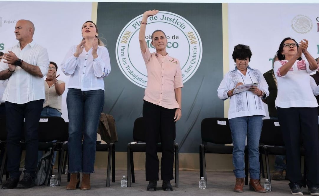 La presidenta de México, Claudia Sheinbaum, durante el seguimiento del Plan de Justicia para los Trabajadores Agrícolas de San Quintín, Baja California. Foto: Especial