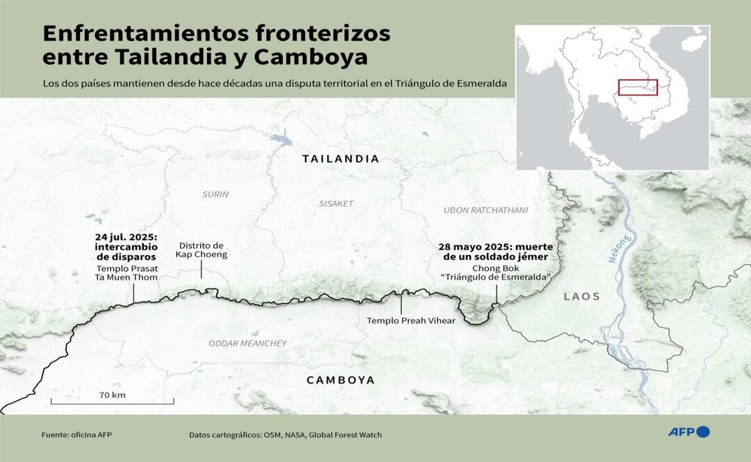 Mapa localizando la zona fronteriza entre Tailandia y Camboya donde se registraron enfrentamientos entre los dos países el 28 de mayo y el 24 de julio de 2025. Foto: AFP