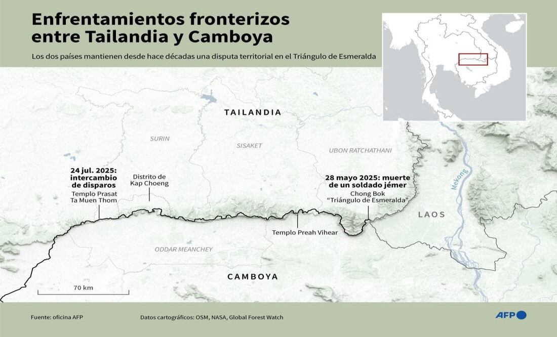 Mapa localizando la zona fronteriza entre Tailandia y Camboya donde se registraron enfrentamientos entre los dos países el 28 de mayo y el 24 de julio de 2025. Foto: AFP