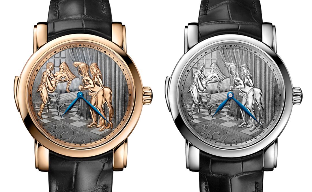 Dos modelos del reloj erótico Ulysse Nardin Classic Voyeur en oro rosa y platino. 