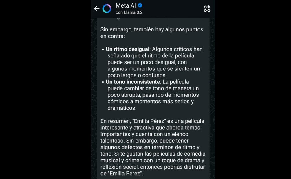 ¿La IA recomienda ver Emilia Pérez? Imagen: captura de pantalla