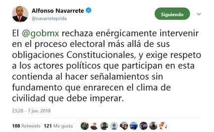 Navarrete rechaza intervención del gobierno tras acusación de Anaya