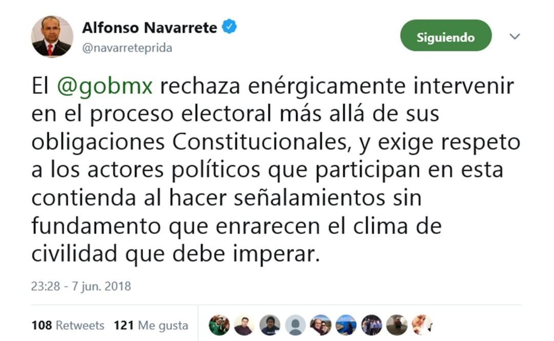 Navarrete rechaza intervención del gobierno tras acusación de Anaya