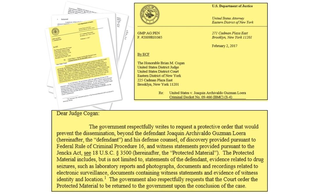 Por medio de un oficio, el Departamento de Justicia de Estados Unidos solicitó al juez de la Corte que lleva el caso de Joaquín Guzmán resguardar el material de evidencia presentado por la fiscalía. (Cortesía)