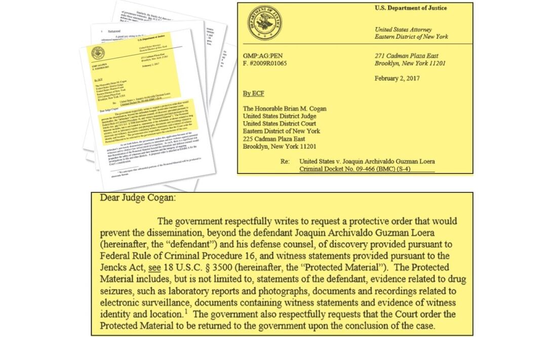 Por medio de un oficio, el Departamento de Justicia de Estados Unidos solicitó al juez de la Corte que lleva el caso de Joaquín Guzmán resguardar el material de evidencia presentado por la fiscalía. (Cortesía)