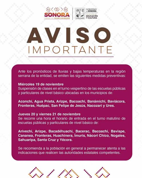 Comunicado sobre suspensión de clases en Sonora por lluvias y bajas temperaturas (19/11/2025). Foto: Especial