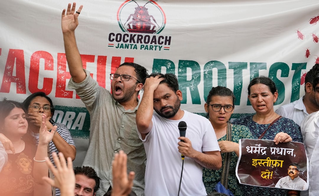 Cientos de indios, en su mayoría jóvenes, se congregaron en la zona de protestas de Nueva Delhi cerca del Parlamento; algunos llevaban pancartas y máscaras de cucaracha. Foto: AP