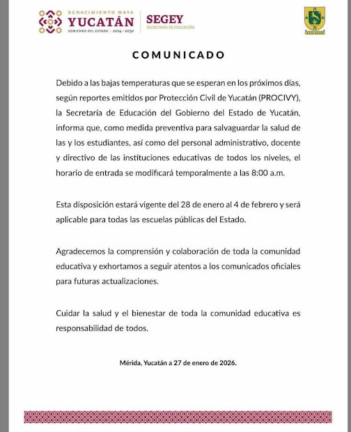 Comunicado de Secretaría de Educación de Yucatán sobre las bajas temperaturas (27/01/2026). Foto: Especial