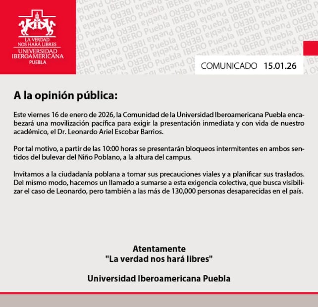 Convocatoria de marcha pacífica en Puebla por desaparición de catedrático colombiano de la Ibero (15/01/2026). Foto: Captura de pantalla
