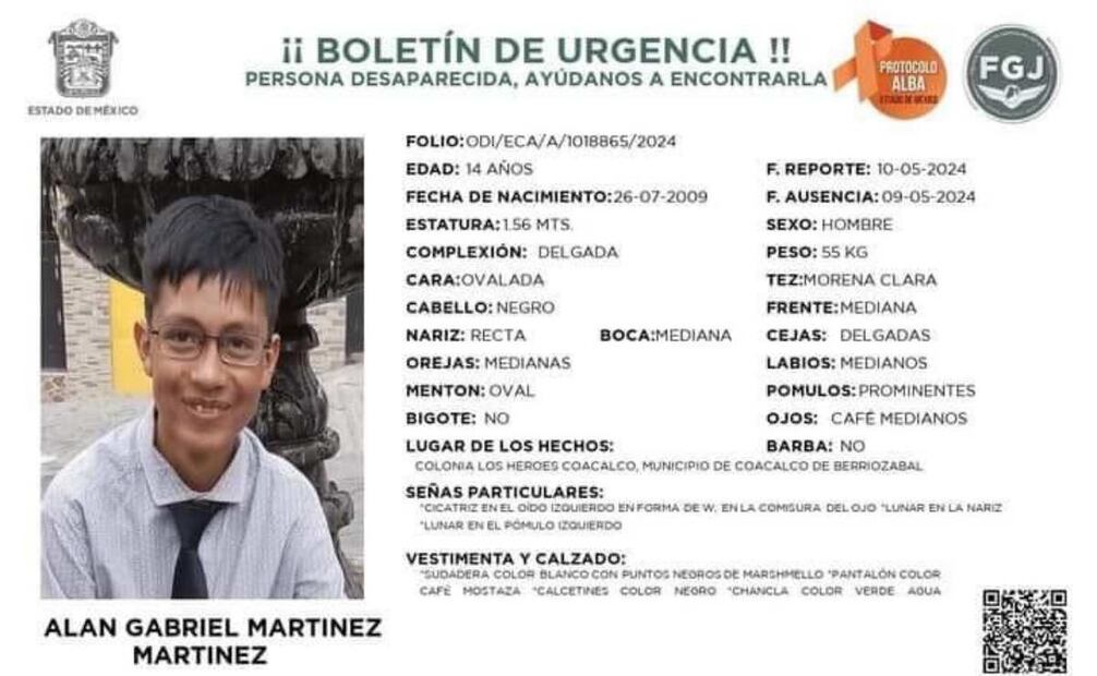 El adolescente de 14 años de edad fue visto por última vez en la colonia Los Héroes Coacalco. Foto: Especial